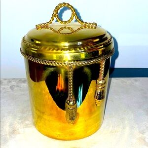 Solid Brass Lidded Canister Vintage Made in India Rope & Tassel Metalwork 7 3/4”
